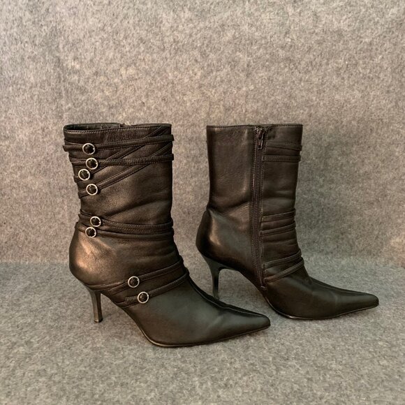 Bata Women’s Straps Black Pointy Toe Side Zip Heel Boots - Picture 6 of 13